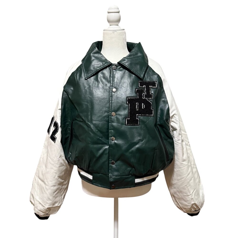 PLT NWT Faux Leather Raglan Sleeve Cropped Varsity Bomber Jacket Size 12 Green